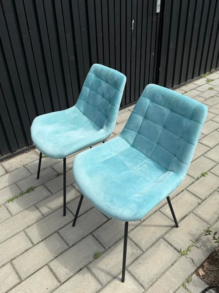 Set van 2 lichtblauwe fluwelen stoelen, Huis en Inrichting, Gebruikt, Twee, Overige kleuren, Ophalen of Verzenden