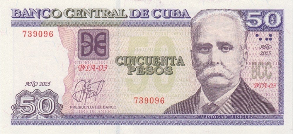 Cuba bankbiljet 50 Pesos 2025 Calixto Garcia Inignez UNC, Ophalen of Verzenden, Midden-Amerika, Los biljet