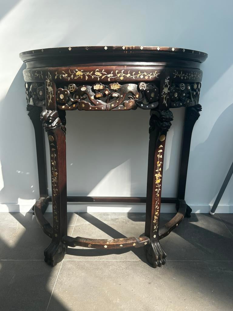 Prachtige aziatische side table, marmer en inleg parelmoer, Antiek en Kunst, Ophalen