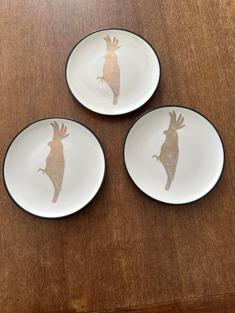 3 Vintage EHDP bordjes met Gouden Kaketoe en Zwarte Rand, Ophalen of Verzenden
