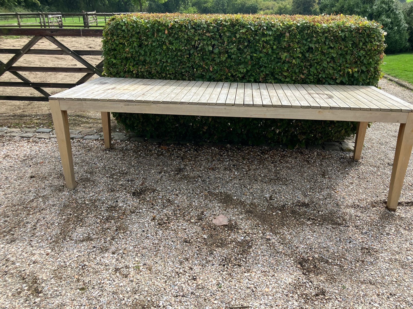 Robuuste Teakhouten Tuintafel - Gebruikt 260 x95 hoog 77, Tuin en Terras, Ophalen, Gebruikt, Rechthoekig, Teakhout