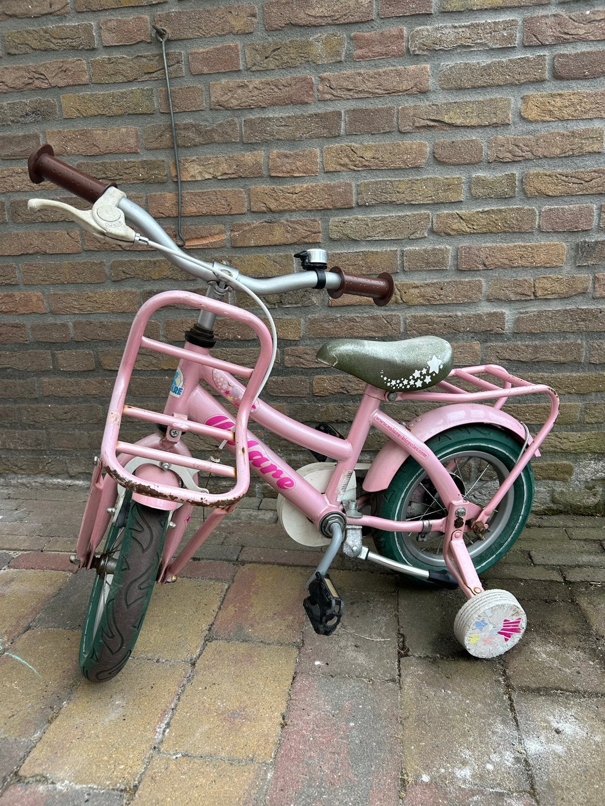 Roze Volare kinderfiets 12 inch met zijwieltjes, Ophalen, Zijwieltjes, Gebruikt, Velgrem