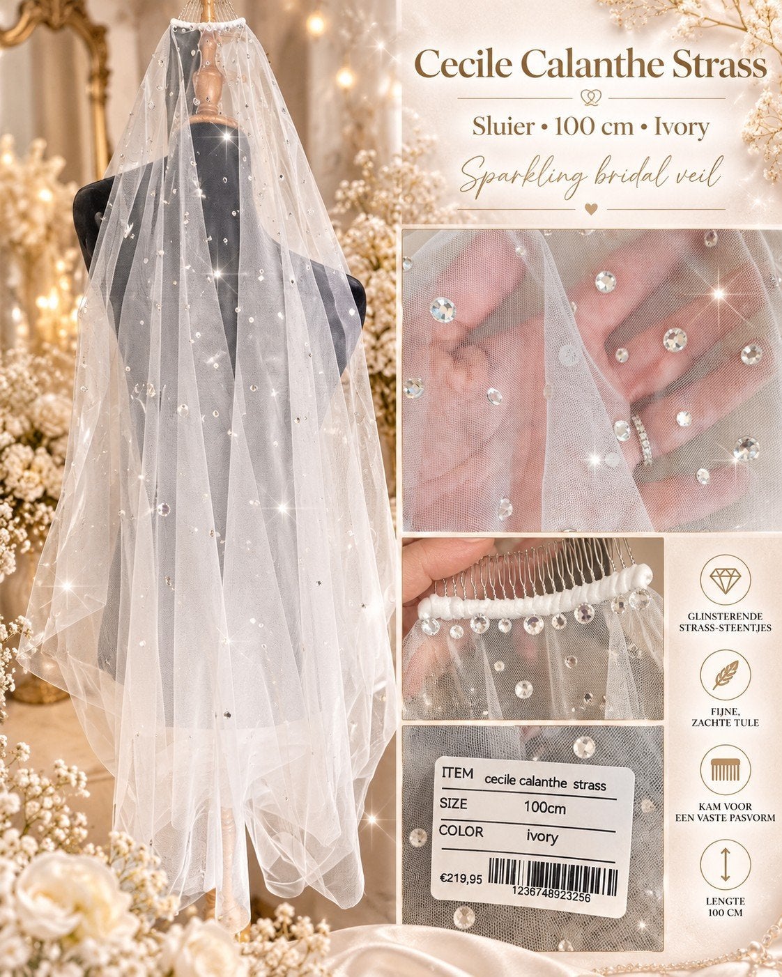 prachtige sluier strass bling cecile calanthe 100cm Ivory, Ophalen of Verzenden, Nieuw, Wit, Accessoires
