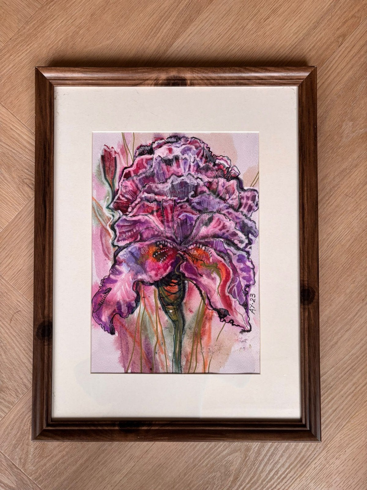 Schilderij aquarel "Purple Iris" van Hanna Uvarova orgineel, Ophalen of Verzenden