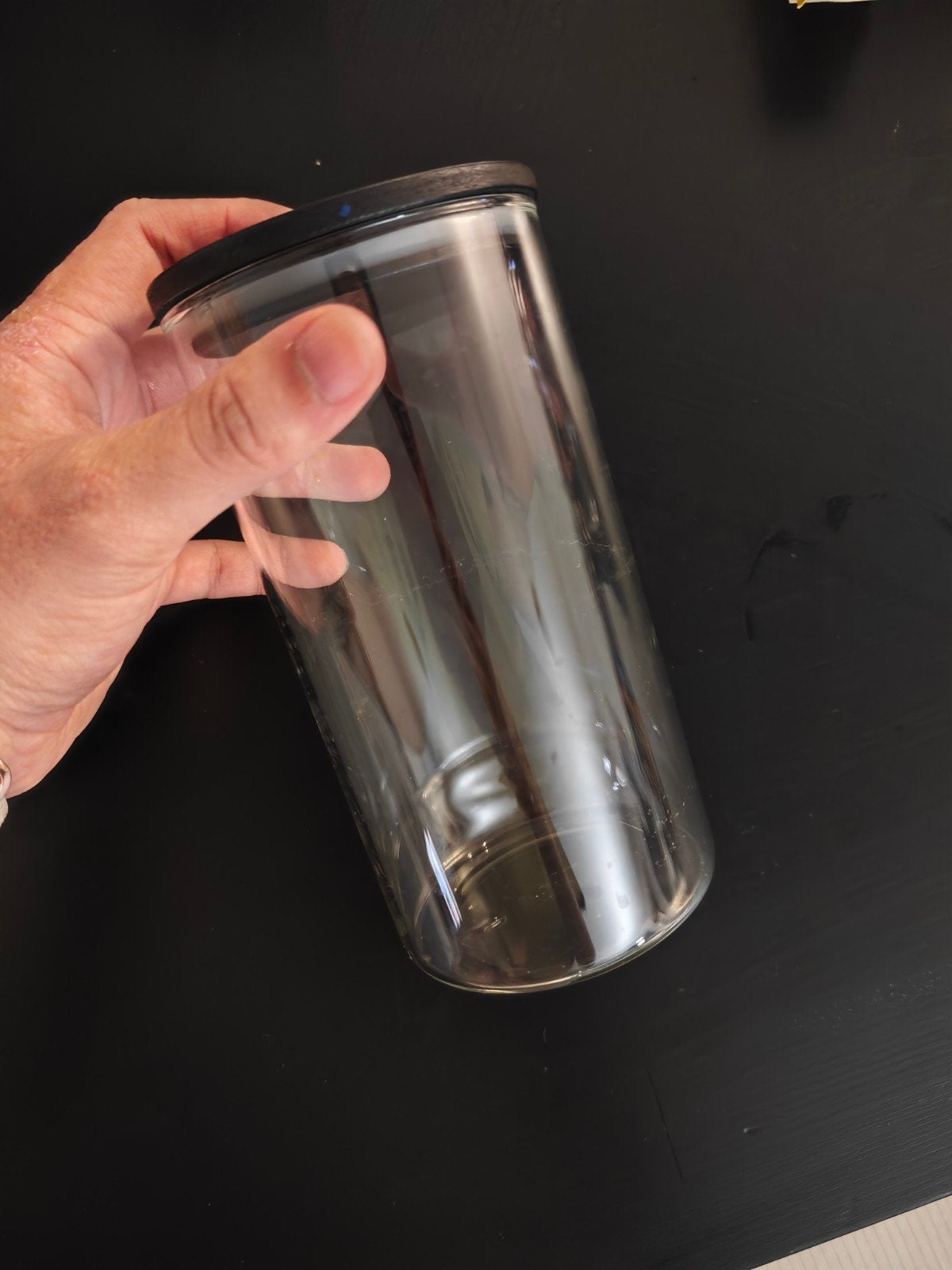 Glazen voorraadpot met zwart deksel, Voorraadpot, Ophalen of Verzenden, Zo goed als nieuw, Glas