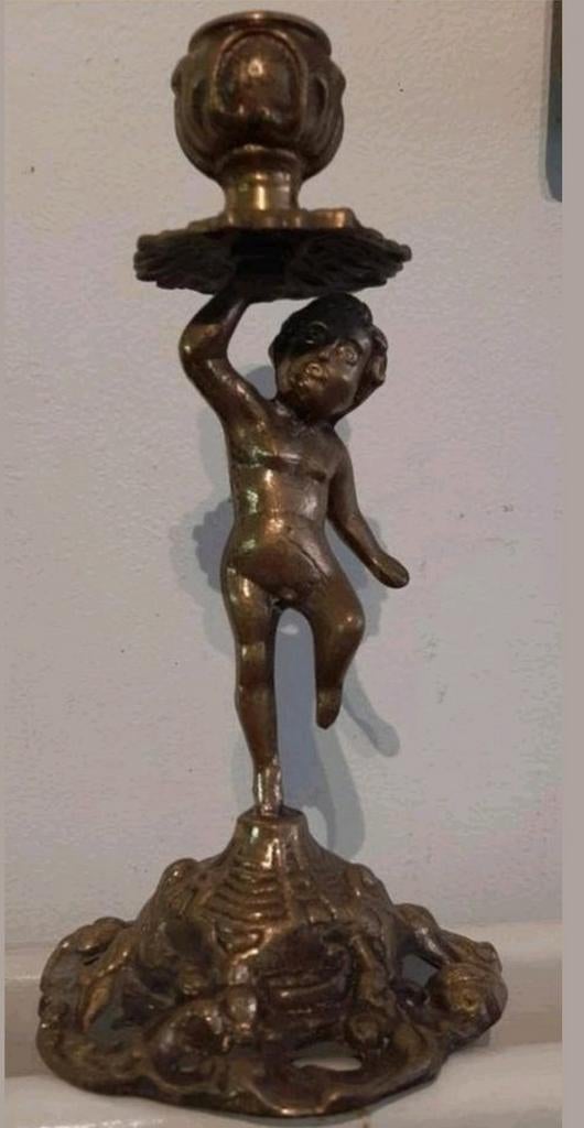 Bronzen kandelaar met Engel, Ophalen of Verzenden, Koper of Brons