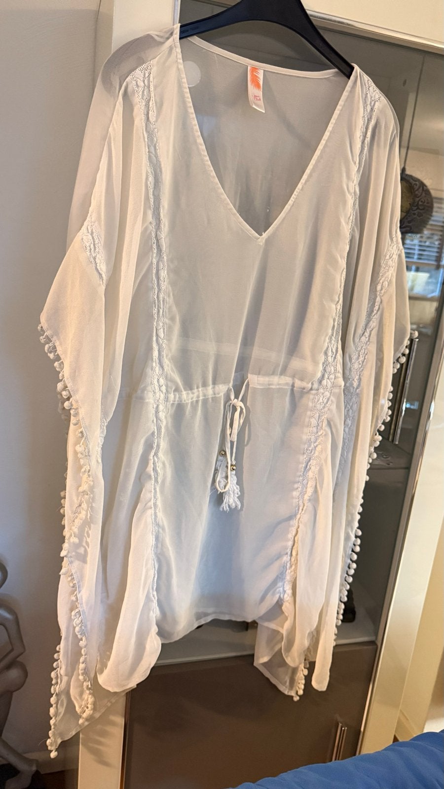 Witte strandtuniek/kaftan met pompons - Maat 50, Kleding | Dames, Ophalen of Verzenden, Zo goed als nieuw, Wit, Overige typen