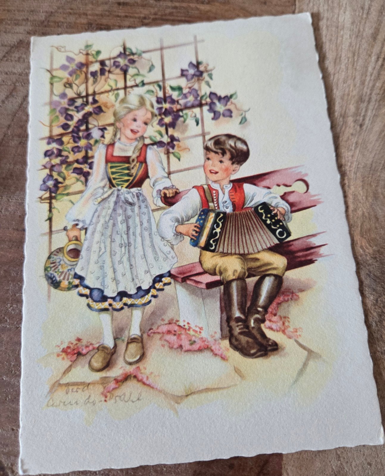 Vintage Ansichtkaart: Meisje en Jongen met Accordeon (1959), Verzenden, 1940 tot 1960, Gelopen, Kinderen