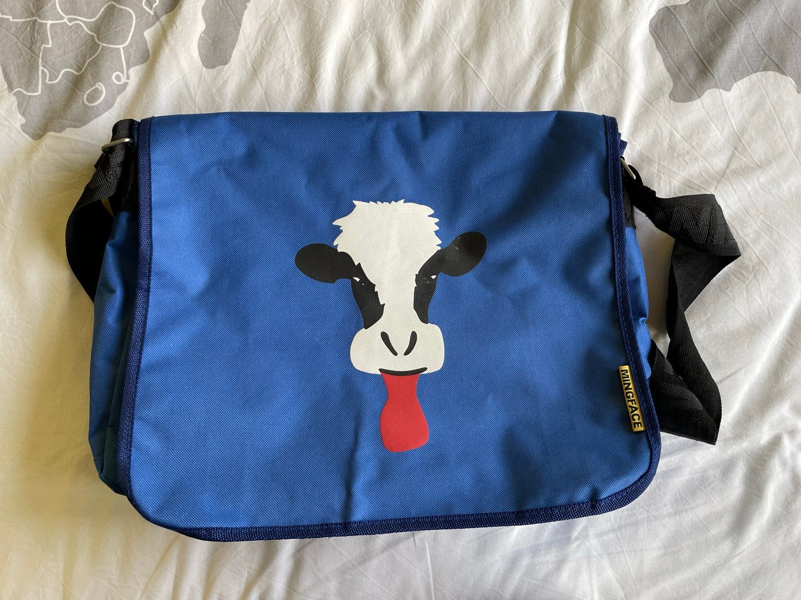 Nieuwe Mingface schoudertas met koeienprint - Blauw, Ophalen of Verzenden, Gebruikt, Blauw, Overige merken