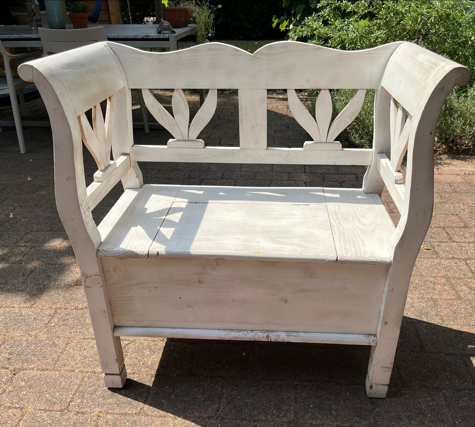 Whitewashed houten bankje met opbergruimte, wit geverfd, Ophalen, Gebruikt, 75 tot 100 cm, Minder dan 150 cm