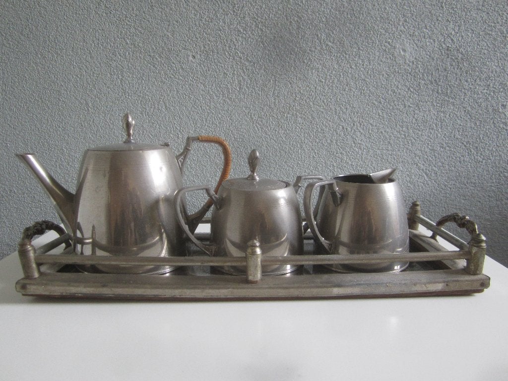 Koffiepot/suikerpot/melkkannetje op antiek dienblad, Ophalen of Verzenden