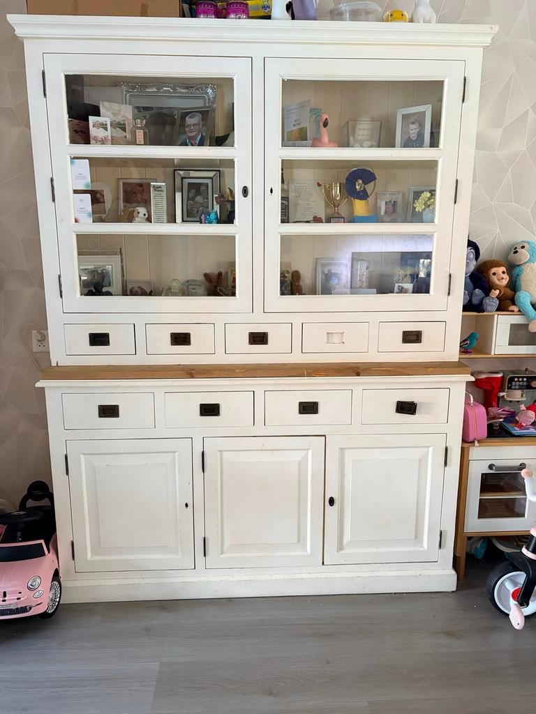Witte buffetkast met vitrine en opbergruimte, Ophalen, Met deur(en), 200 cm of meer, 150 tot 200 cm