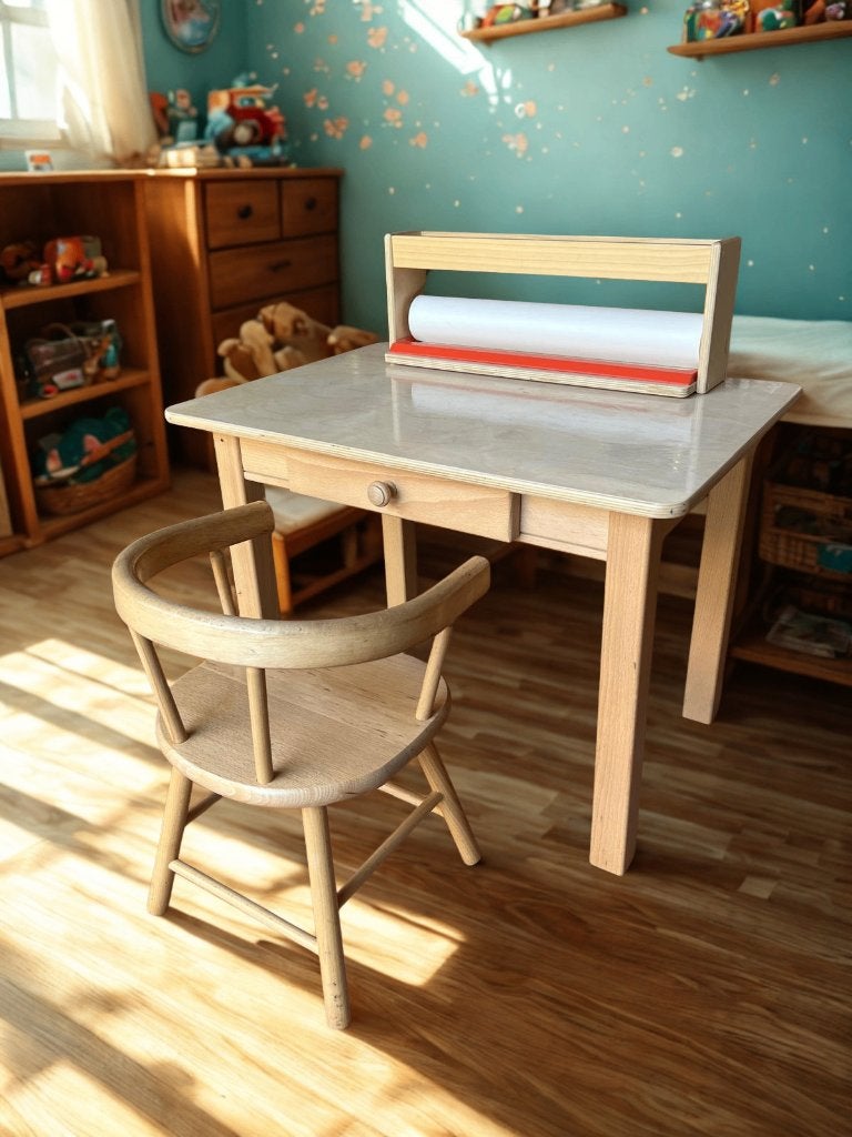 Houten kindertafel met lade en stoel (Louwen Houtbewerking), Kinderen en Baby's, Kinderkamer | Tafels en Stoelen, Gebruikt, Tafel(s) en Stoel(en)