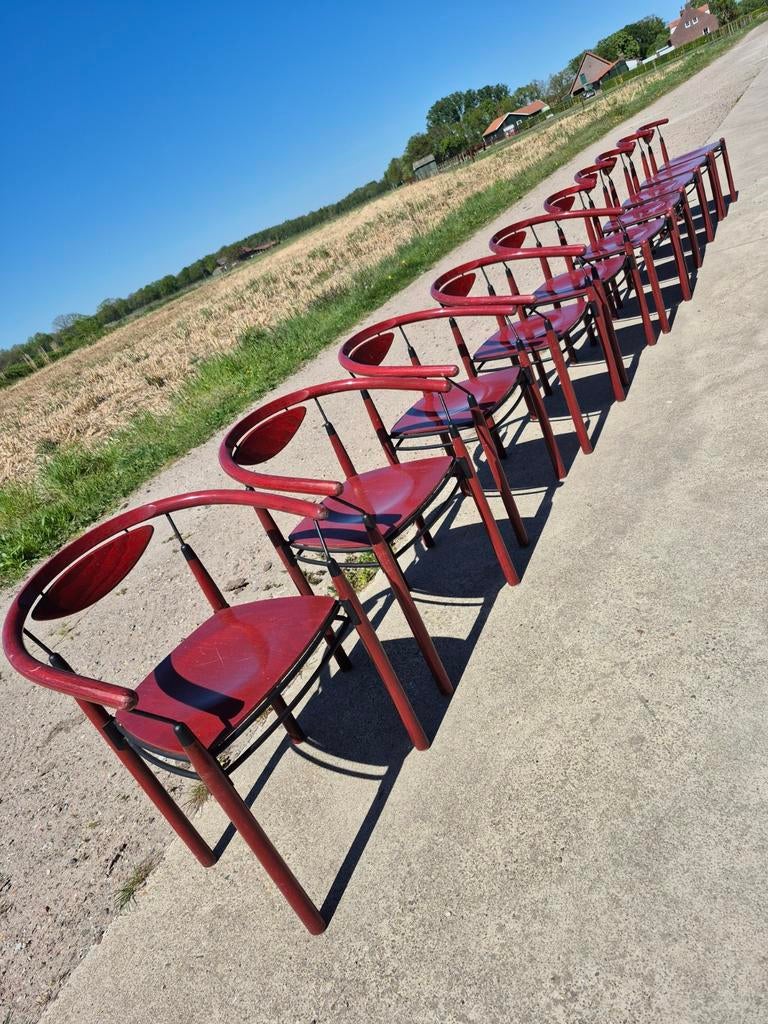 Set 10 vintage rood stoelen - opknappers - zo laten, Huis en Inrichting, Stoelen, Gebruikt, Ophalen of Verzenden, Post modern postmodern