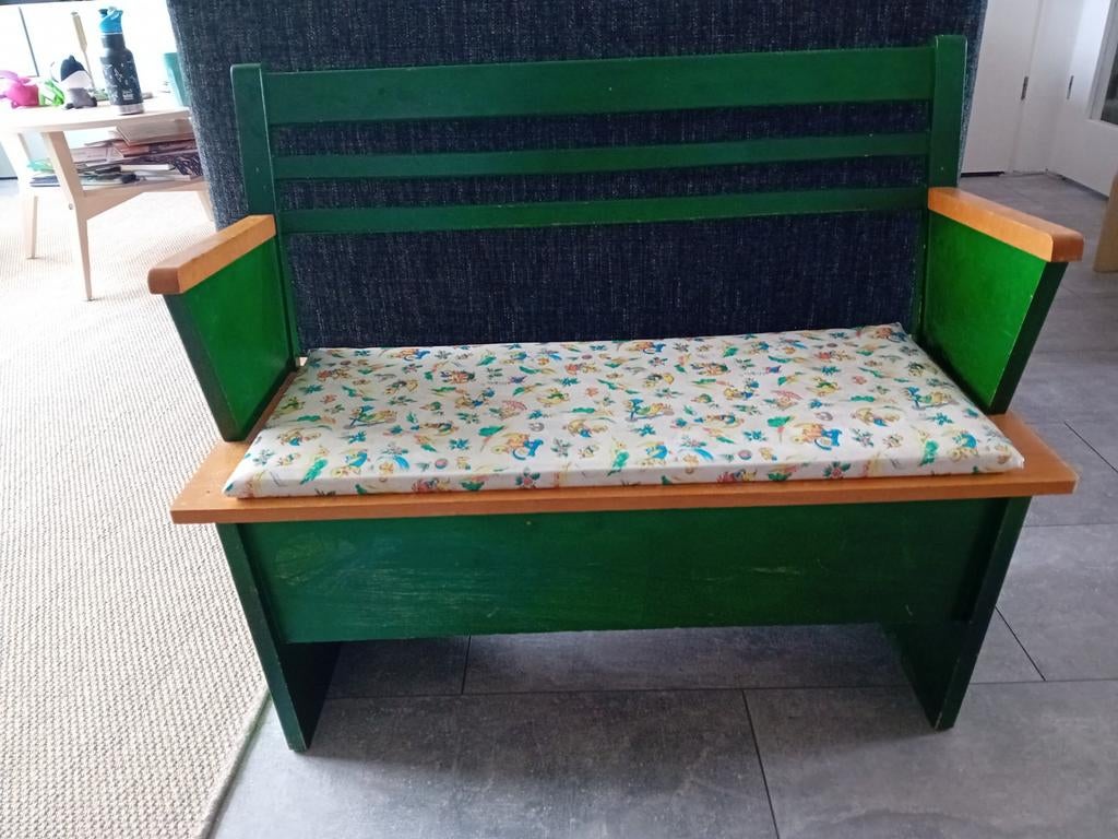 Groene houten retro klepbank met opbergruimte en kussen, Ophalen, Gebruikt