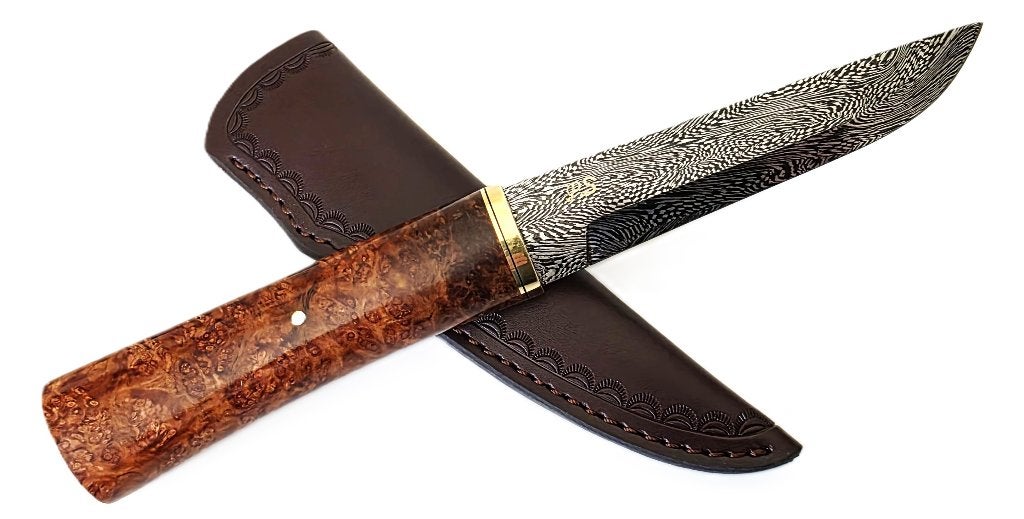 Schitterend Mes Model Puukko POUL STRANDE Amboina Burl, Verzenden, Los bestek, Nieuw, Snijmes