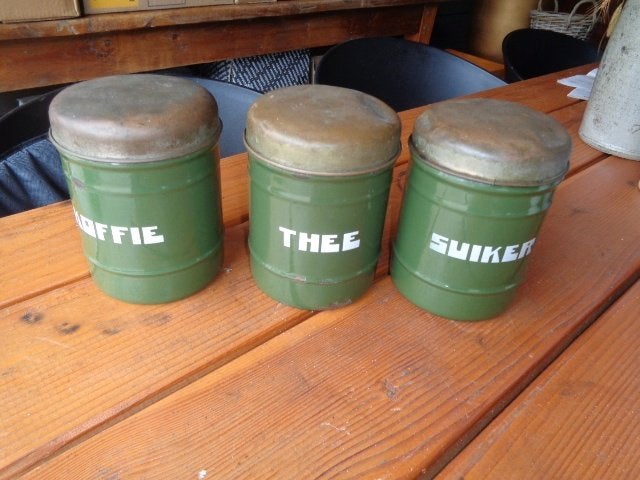 Set groen emaille koffie, thee en suiker bussen., Antiek en Kunst, Ophalen of Verzenden