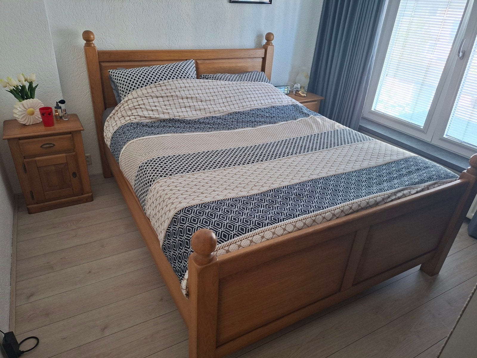 Massief Eiken Tweepersoonsbed met Nachtkastjes 160cm x 200cm, Ophalen, Overige kleuren, Tweepersoons, Zo goed als nieuw