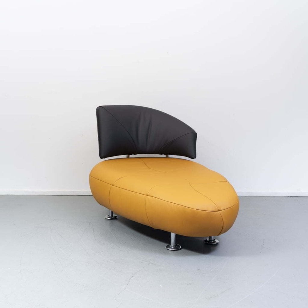 Leolux Kikko Chaise Longue Fauteuil Geel/Zwart Leer, Niet ingevuld, Zo goed als nieuw, Niet ingevuld, Niet ingevuld