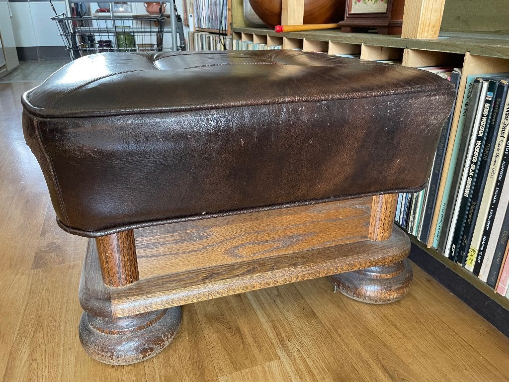 Robuuste Poef Voetensteum Bruin Leer Leder Hout Midcentury, Ophalen, Gebruikt, Hout, Mid Century