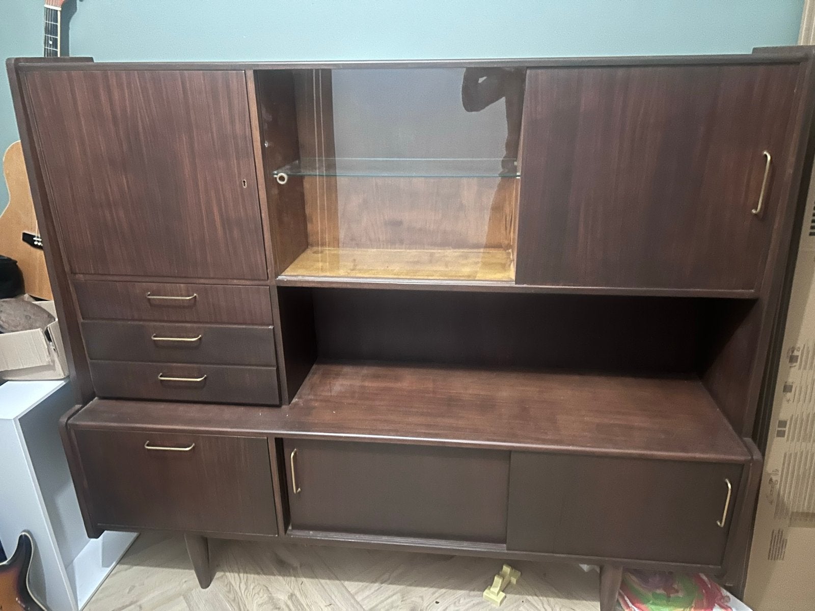 Vintage Dressoir / Wandmeubel met Vitrinekast en Laden, Ophalen, Gebruikt, 150 tot 200 cm, Met lade(s)