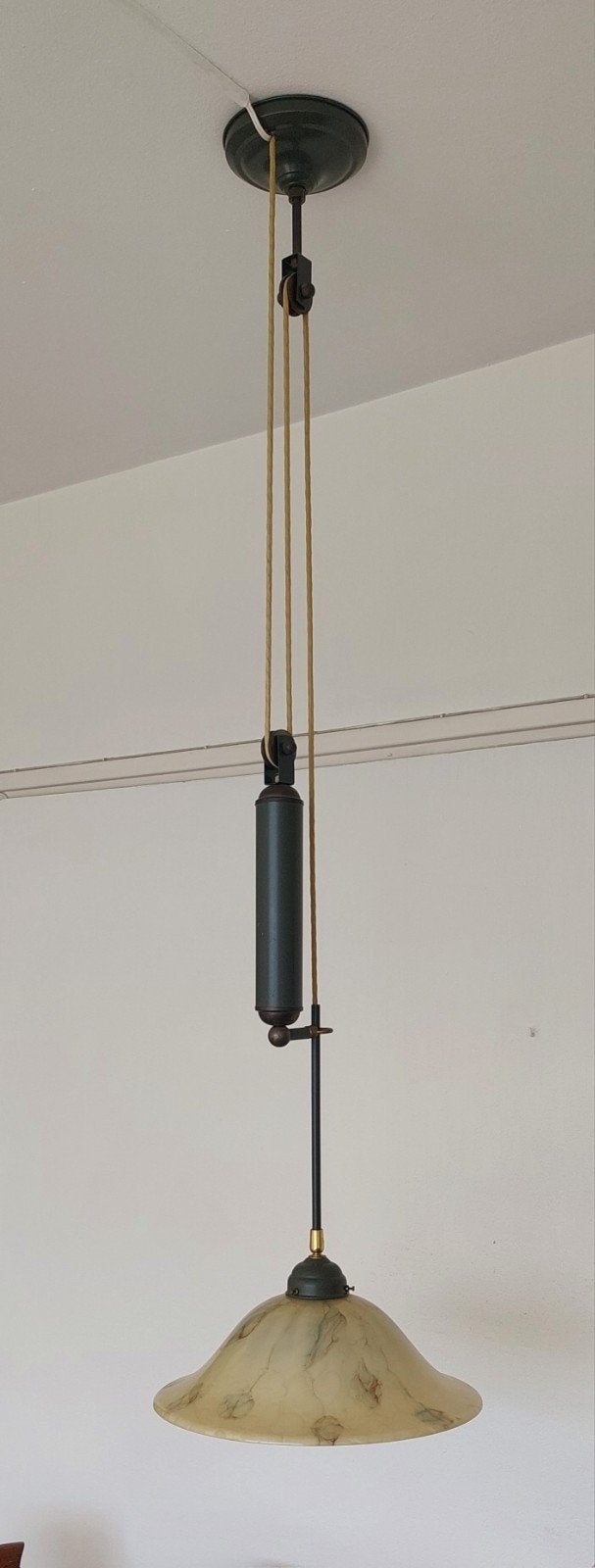 vintage pendellamp plus messing tafellampje gemarmerd glas, Ophalen, Art deco, E27 (groot), Zo goed als nieuw