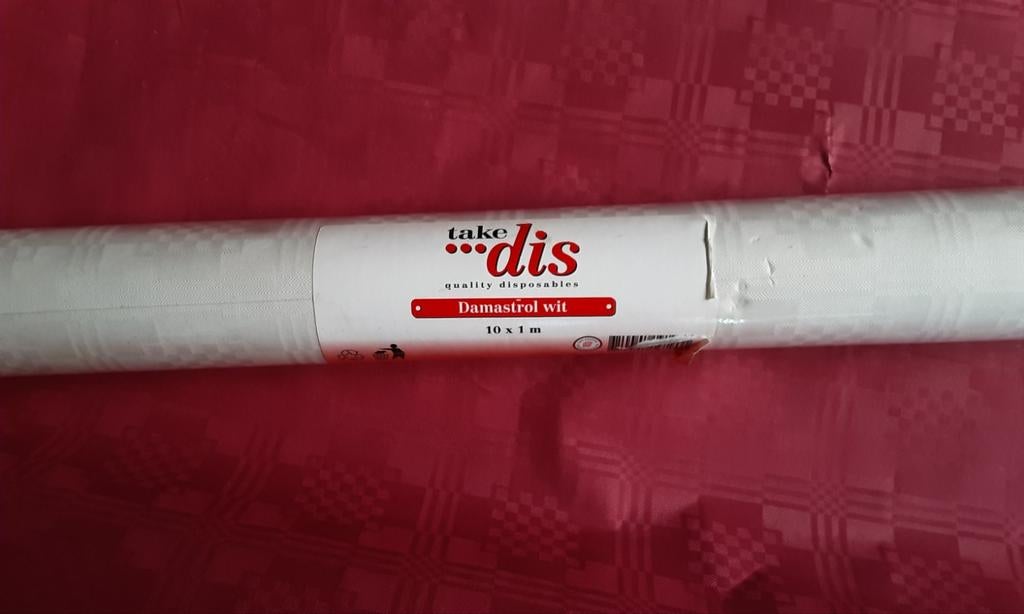 Damastrol wit tafelrol. Bordeau rood . Papieren tafelkleed, Ophalen, Nieuw, Rechthoek, Binnen