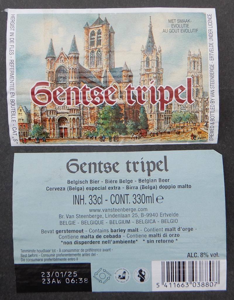 Bieretiket Gentse Tripel Brouwerij Van Steenberge (12t2), Verzenden, Gebruikt, Overige typen, Overige merken