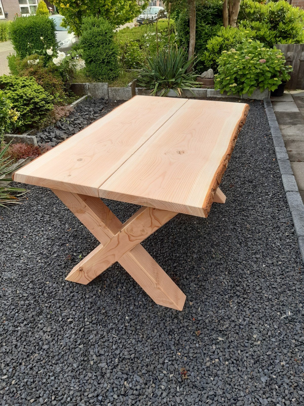 tuintafel boomstamtafel picknicktafel van douglas hout, Ophalen, Rechthoekig, Hout