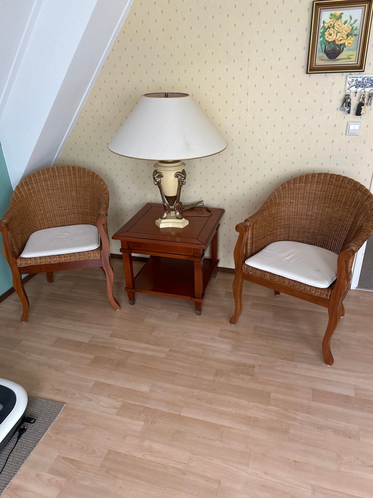 Twee rieten stoelen met bijzettafel en lamp, Ophalen, Gebruikt, Twee, Bruin