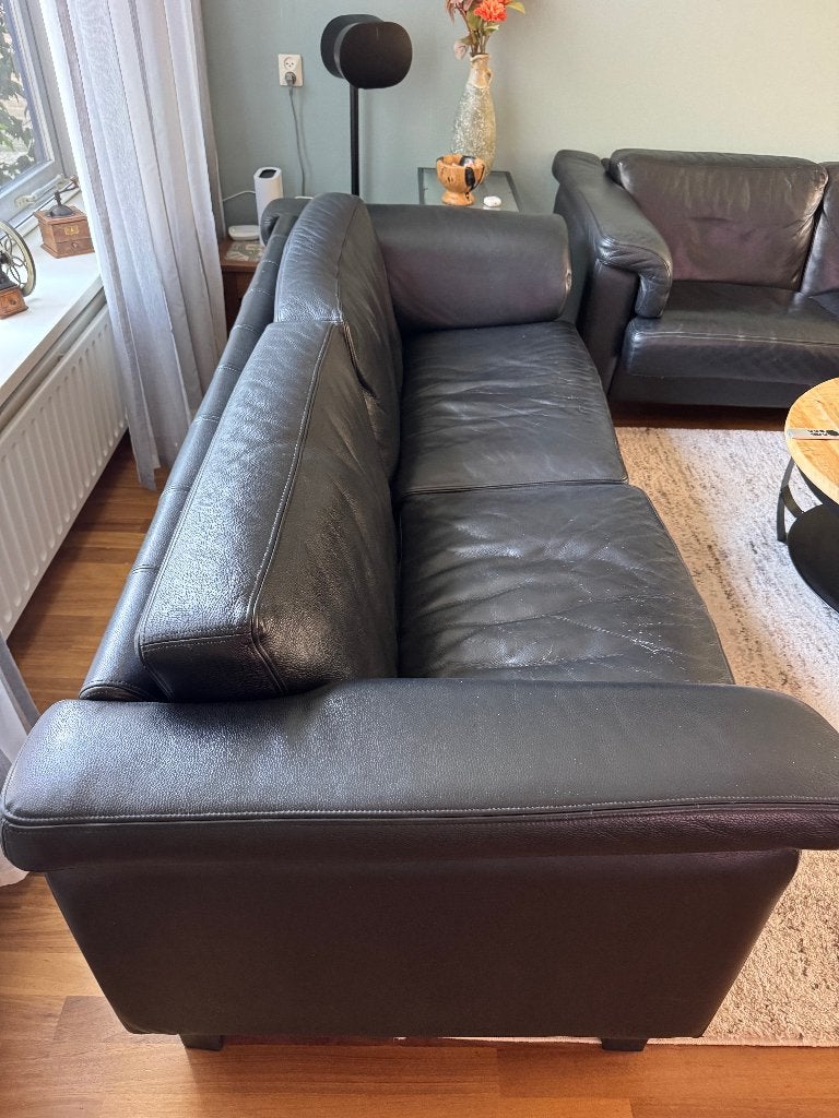 zwart leren bankstel, Ophalen, Gebruikt, Rechte bank, 200 tot 250 cm