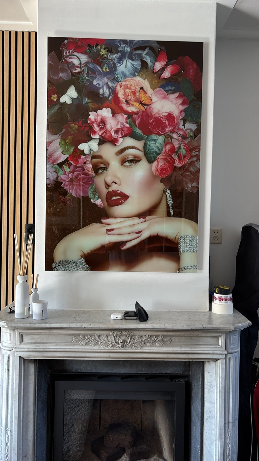 Glazen poster met bloemen en vlinders, Ophalen, Zo goed als nieuw, Foto of Poster, 75 – 100