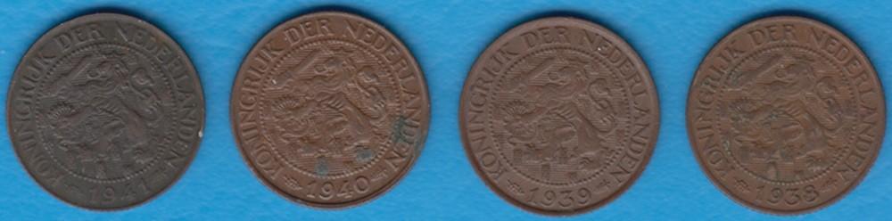 Nederland 1 cent 1938, 1939, 1940 en 1941 Wilhelmina, Postzegels en Munten, Munten | Nederland, Ophalen of Verzenden, Koningin Wilhelmina