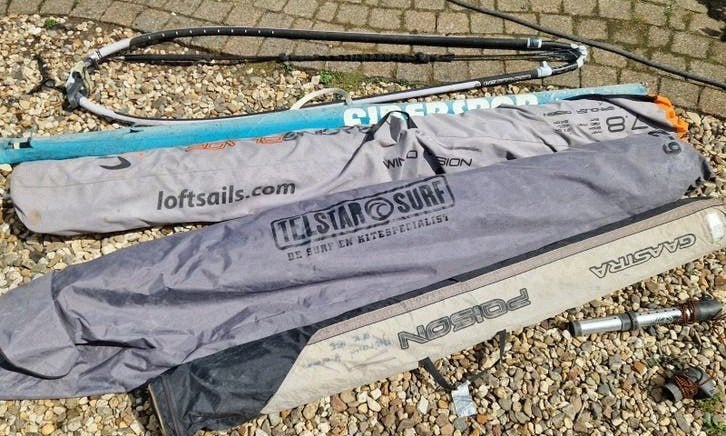 Windsurf set o.a Racingblade 7.8 m² met giek en mast, 6.5 m² tot 8 m², Complete set, Ophalen, Overige merken