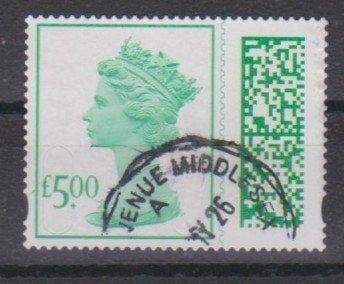 Barcode 5,00 pond, prachtzegel met rondstempel,  LEES AUB, Ophalen of Verzenden, Gestempeld