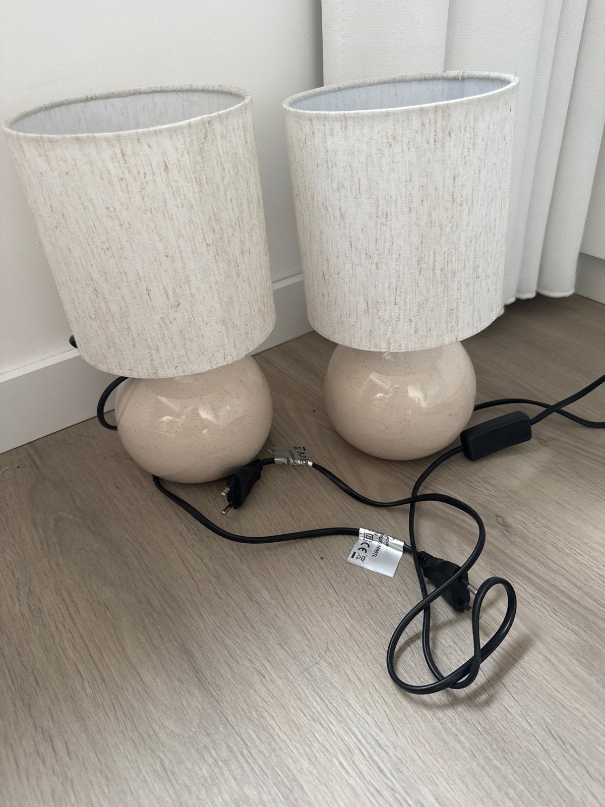 Set van 2 beige tafellampen met stoffen kap, Beige, Gebruikt, Keramiek, Ophalen of Verzenden