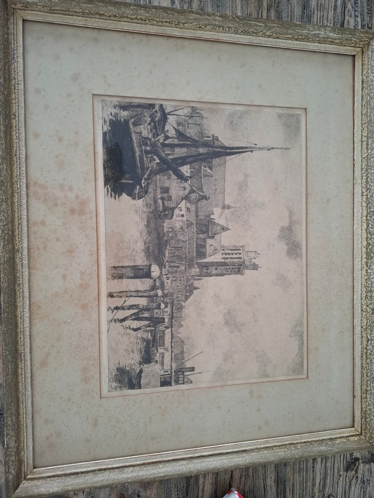 Antieke Ets Jan Sirks: Haven en Grote Kerk Dordrecht, Ophalen of Verzenden