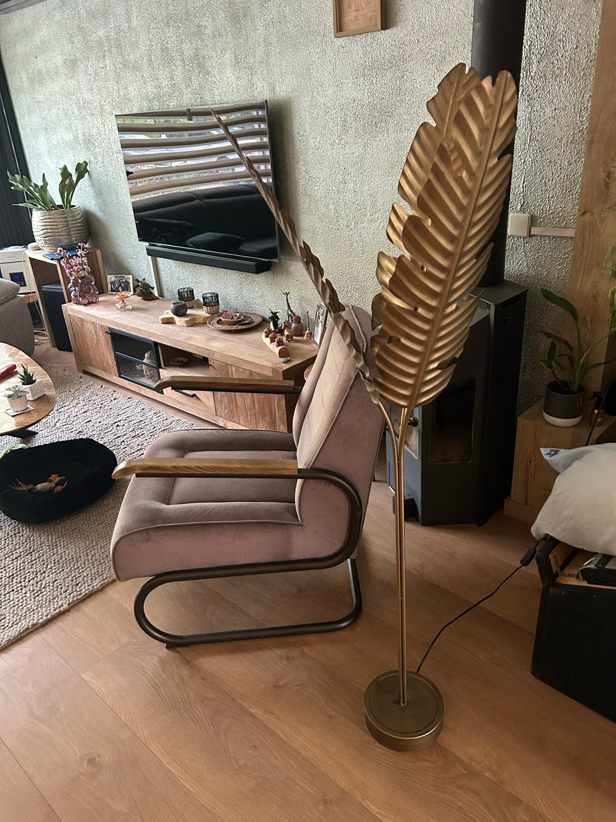 Ptmd Gouden Blad Vloerlamp - Unieke Sfeerverlichting, Ophalen, Zo goed als nieuw, Metaal, 150 tot 200 cm