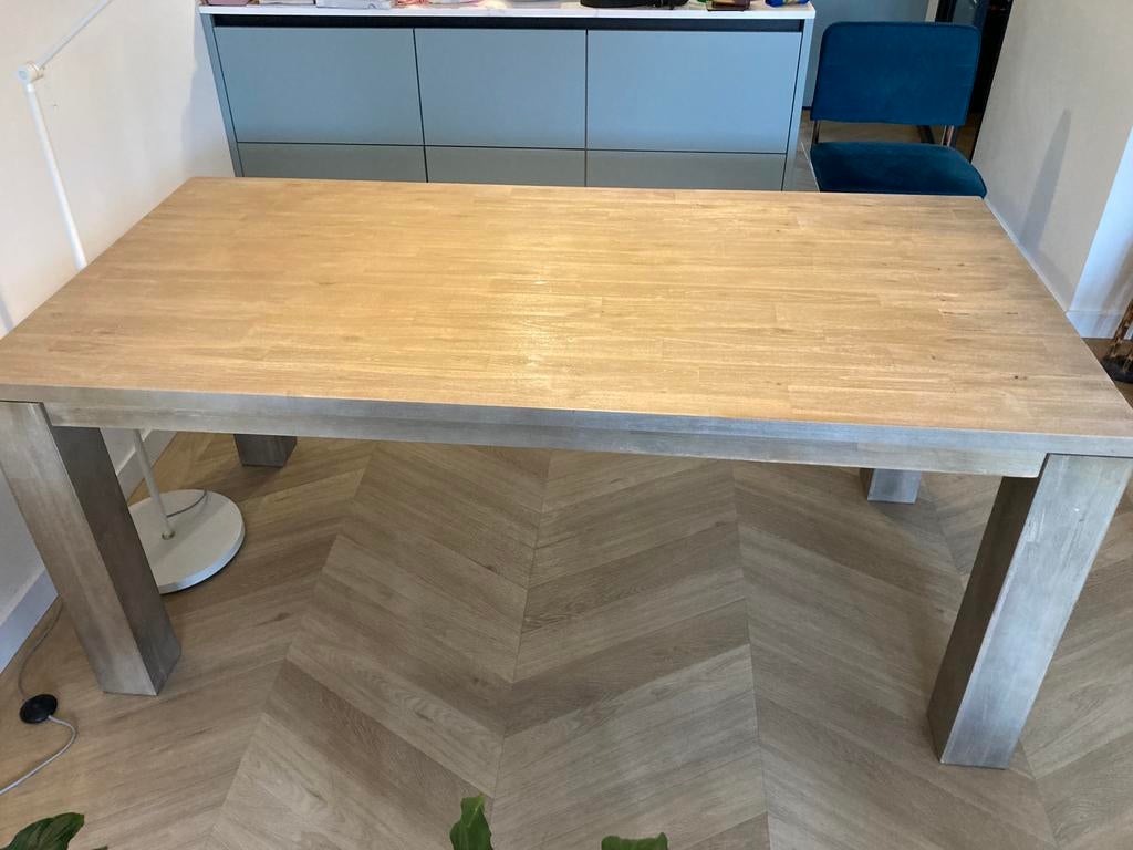 Eettafel 180 x 90 acacia poten demontabel greywash, Huis en Inrichting, Tafels | Eettafels, Ophalen, Gebruikt, 50 tot 100 cm, Vijf personen of meer