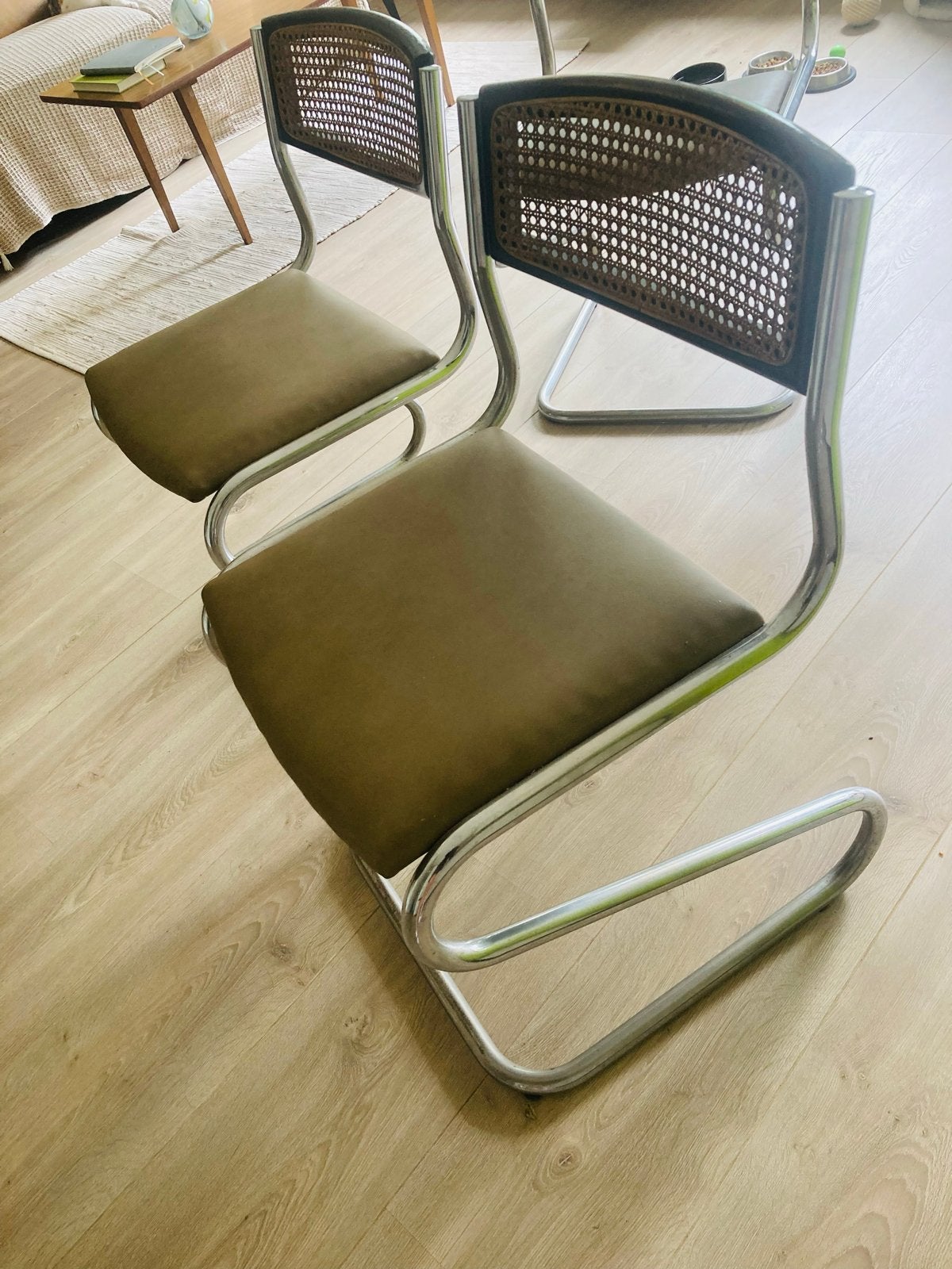 Vintage Bauhaus stijl buisframe stoelen met rotan rug, Ophalen