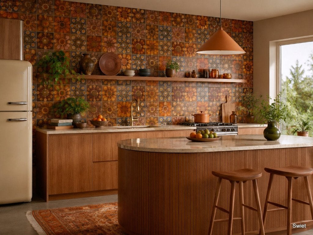 5415 vinyl retro bloemen tegellook bruin oranje geel swiet, Ophalen of Verzenden, Oranje