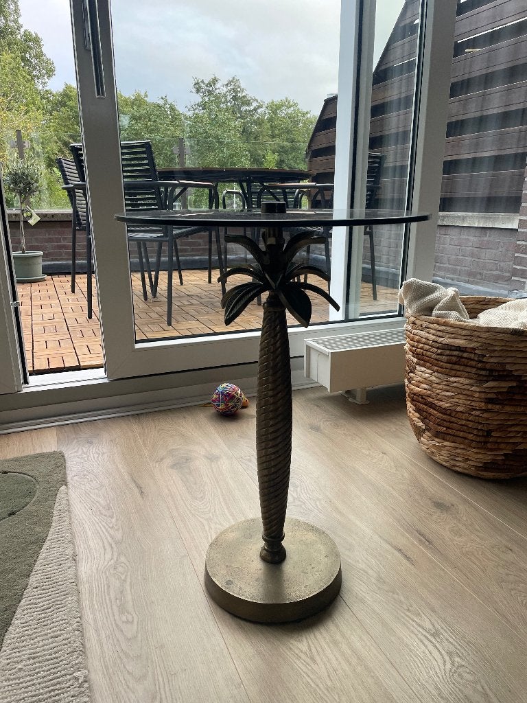 Bijzettafel met palmboomvoet en glazen blad, Minder dan 55 cm, Metaal of Aluminium, Rond, Zo goed als nieuw