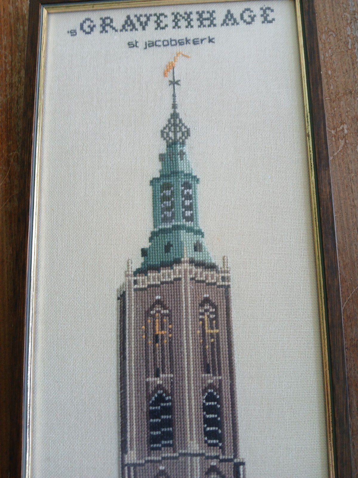 Handgeborduurd schilderij Jacobskerk Den Haag 20x50 cm, Minder dan 50 cm, Gebruikt, Ophalen of Verzenden, Schilderij