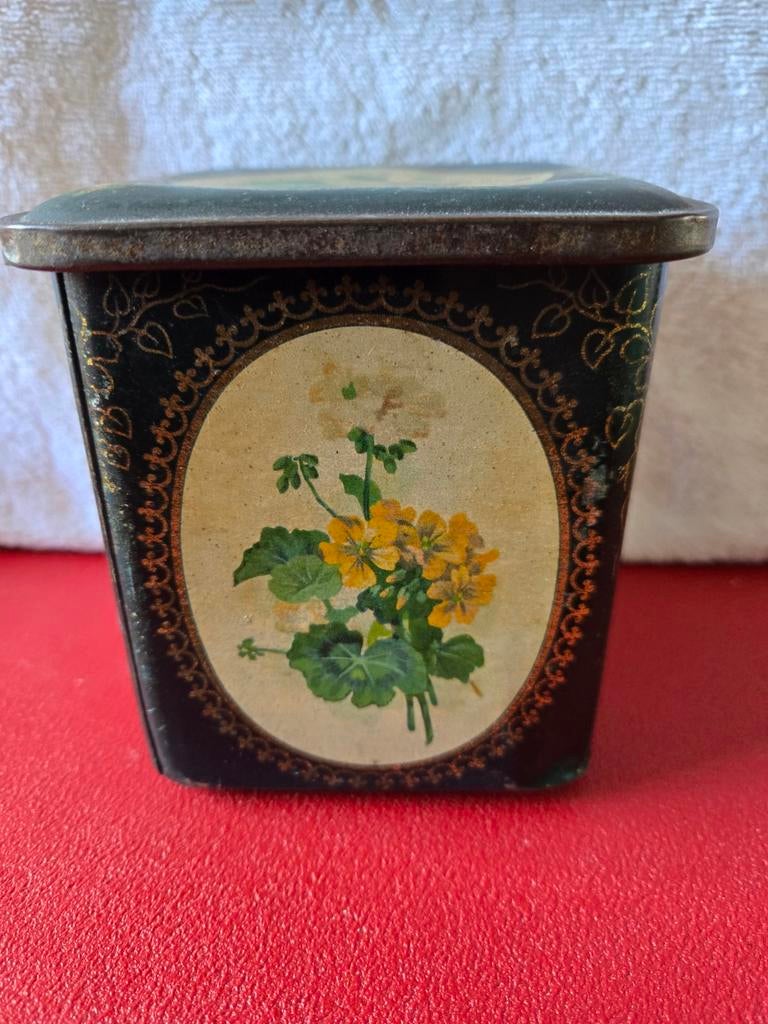 Oud theeblik met gele bloemen, Ophalen of Verzenden, Gebruikt, Overige