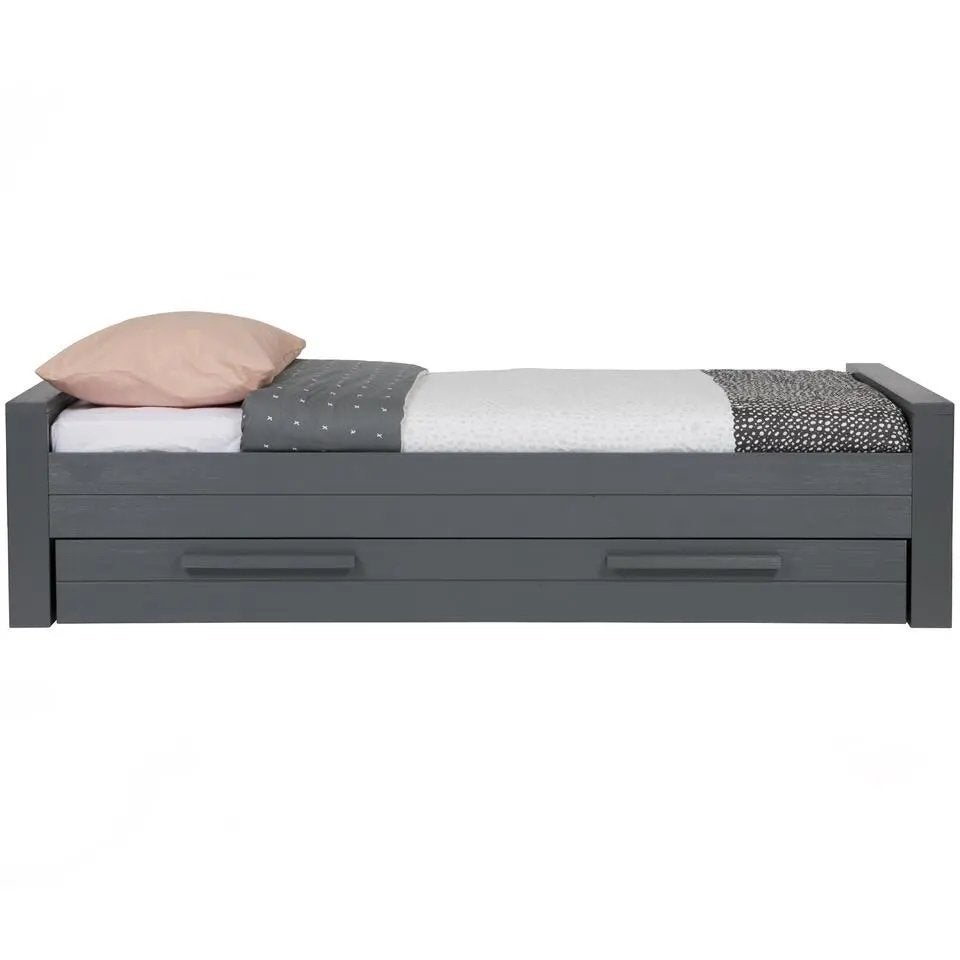 Bed Woood Dennis donkergrijs 90x200 met lattenbodem en matra, Ophalen, Gebruikt, 90 cm, Eenpersoons