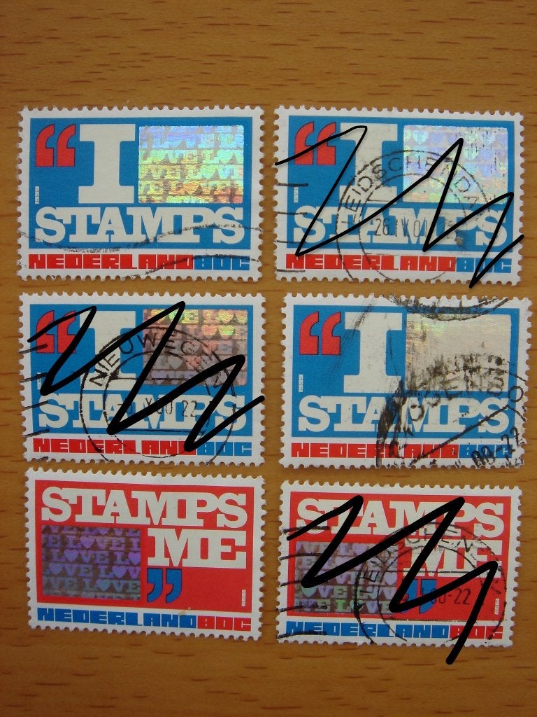 Verrassingszegels I love stamps 80 + 80 3x NVPH 1824 en 1825, Ophalen of Verzenden, Na 1940, Gestempeld