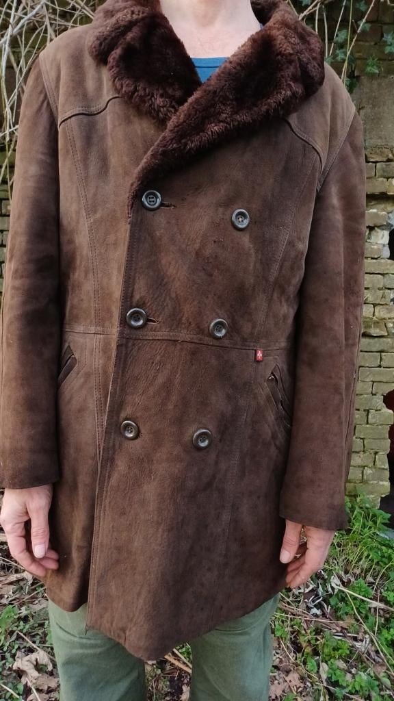 Vintage Bruine Leren Jas met Bontkraag, Maat 52/54 (L), Ophalen of Verzenden, Gedragen, Onbekend