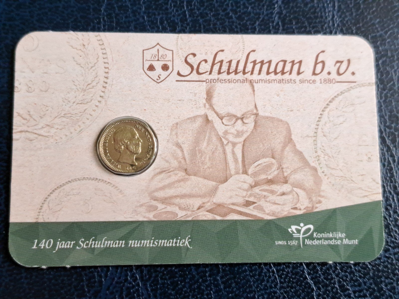 140 jaar Schulman Numismatiek coincard met 1863, Ophalen of Verzenden, Koning Willem III, 5 cent, Zilver