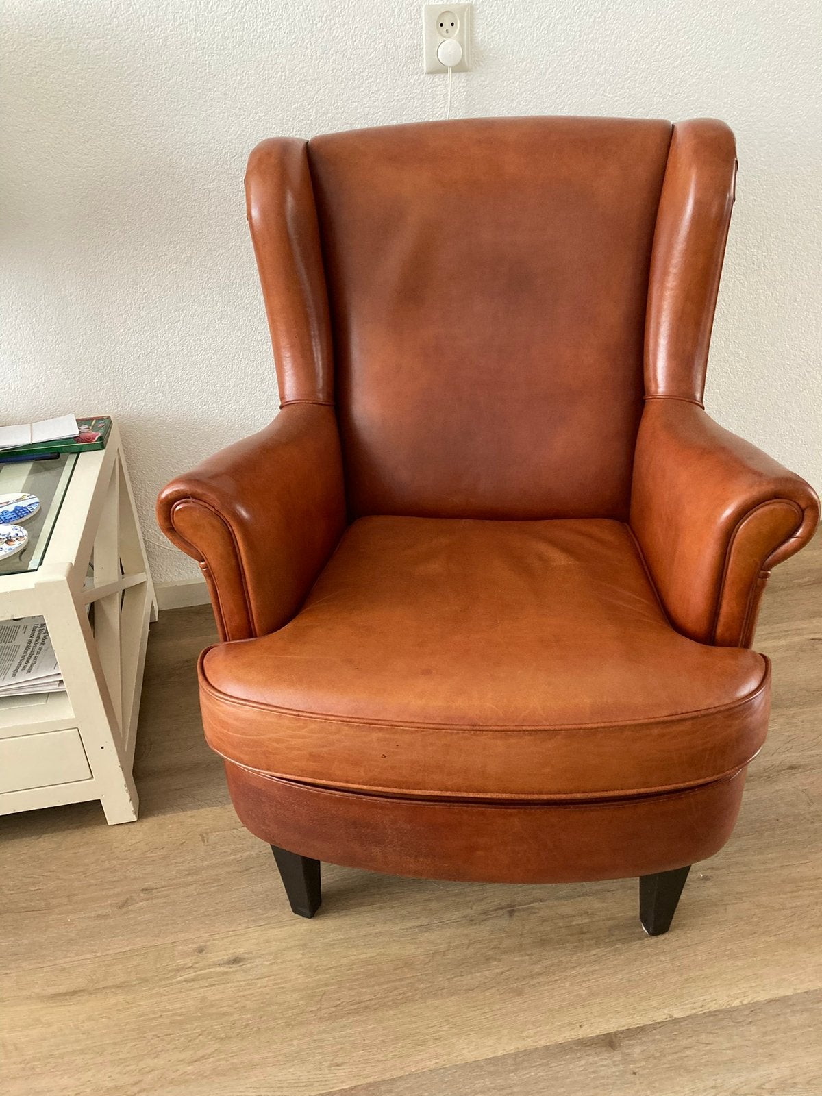 Schapenleren feauteuil, Ophalen, Gebruikt, 75 tot 100 cm, Leer
