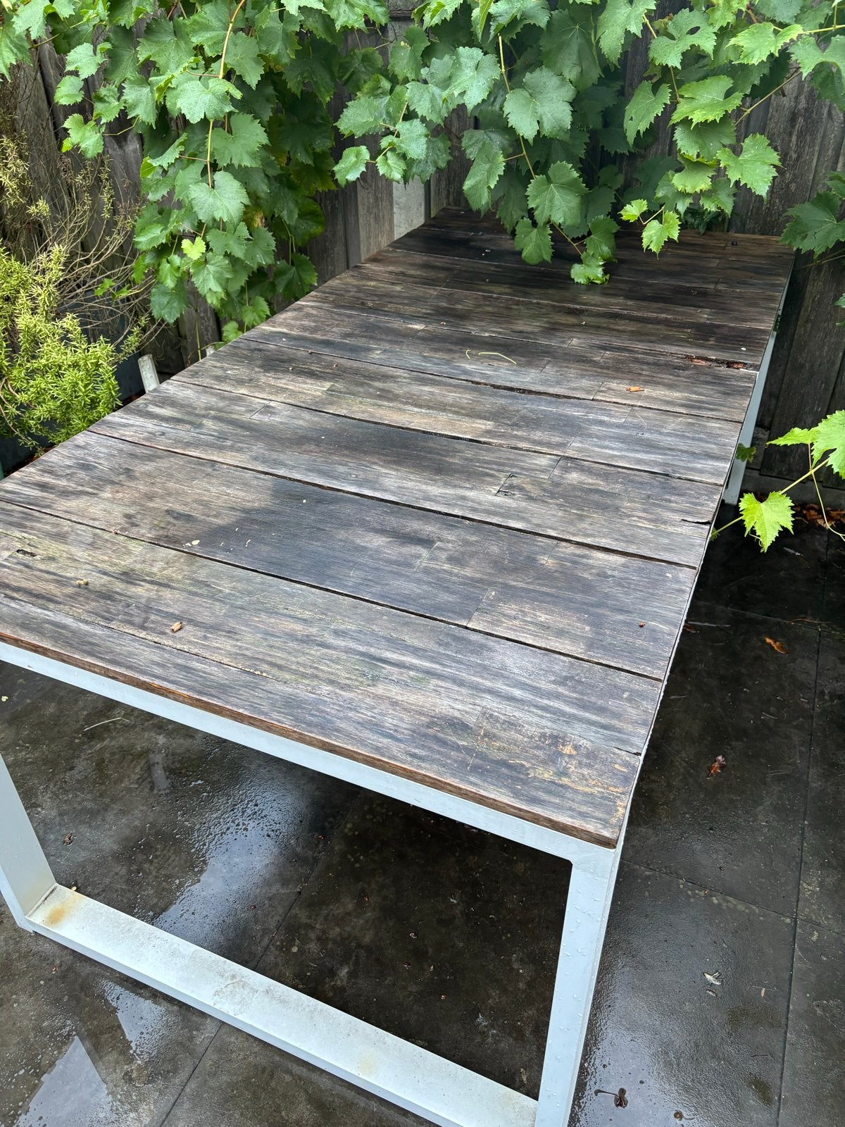 Tuintafel met houten blad en aluminium onderstel, Tuin en Terras, Ophalen, Gebruikt, Rechthoekig, Hout